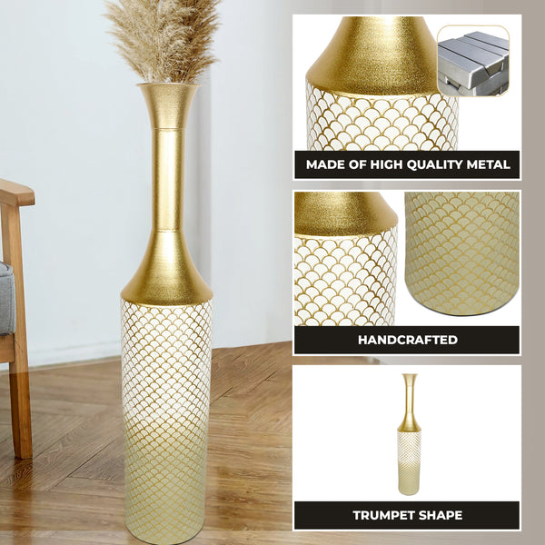 Modern Tall Floor Vase, Handmade Indoor Decor Metal 41" Gold Beige White