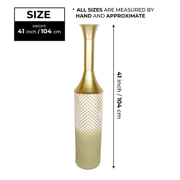 Modern Tall Floor Vase, Handmade Indoor Decor Metal 41" Gold Beige White