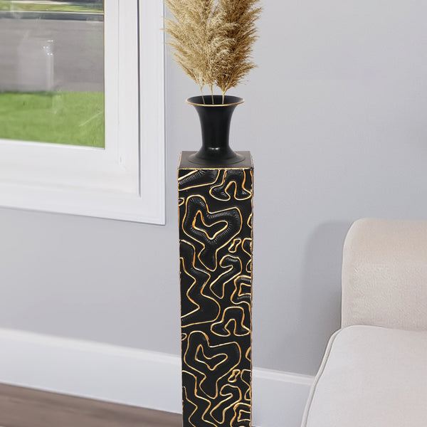 Decorative Tall Metal Floor Vase, Indoor Decor for Home or Office, 32" Handmade Black Gold Accent