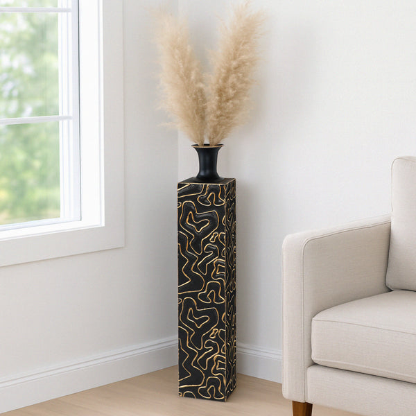 Decorative Tall Metal Floor Vase, Indoor Decor for Home or Office, 32" Handmade Black Gold Accent