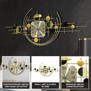 Large Decorative Metal Wall Clock, 40" Wide, Silent Gold Accent Home Office Decor-Sona Casa