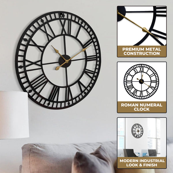 Oversized Round Metal Wall Clock, Large 32" Roman Numeral Silent Clock, Black Home Decor