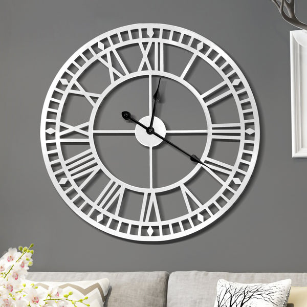 Oversized Round Metal Wall Clock, Large 32", Roman Numeral Silver Silent Clock Home Office Decor