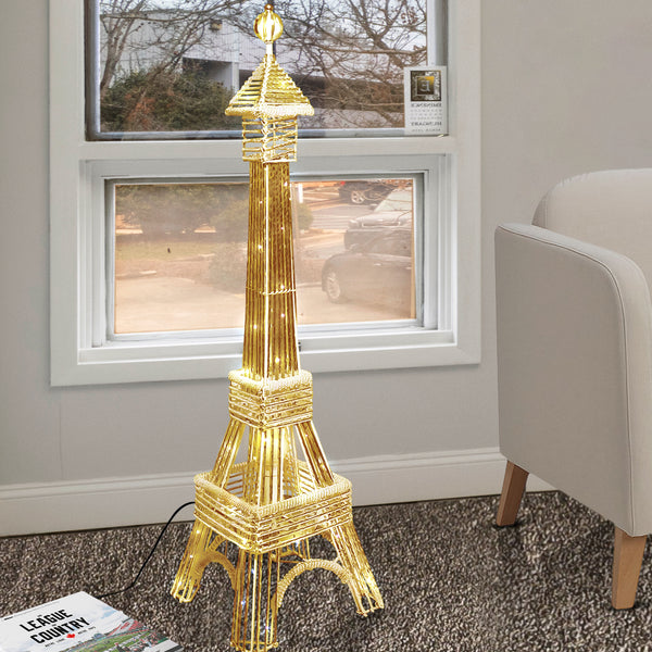 Decorative Tall Floor Lamp 63" Eiffel Tower Paris LED Light, Handmade, Gold Metal