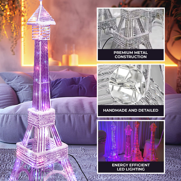 Tall Floor Lamp, Handcrafted 63" Eiffel Tower Paris Multicolor LED Light White Metal