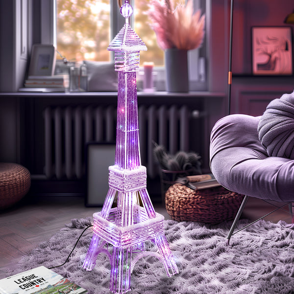 Tall Floor Lamp, Handcrafted 63" Eiffel Tower Paris Multicolor LED Light White Metal