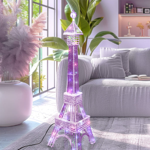 Tall Floor Lamp, Handcrafted 63" Eiffel Tower Paris Multicolor LED Light White Metal