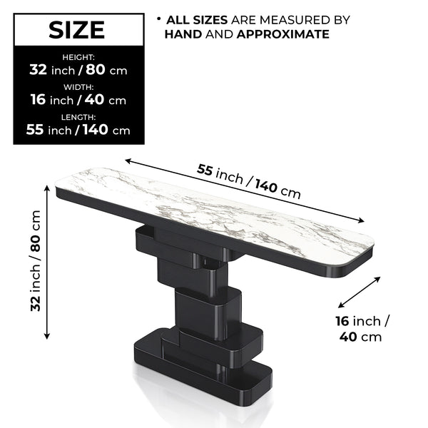 Modern 55" Console Table, High Quality White Manufactured Marble Top,  Matte Black Metal Steel Frame