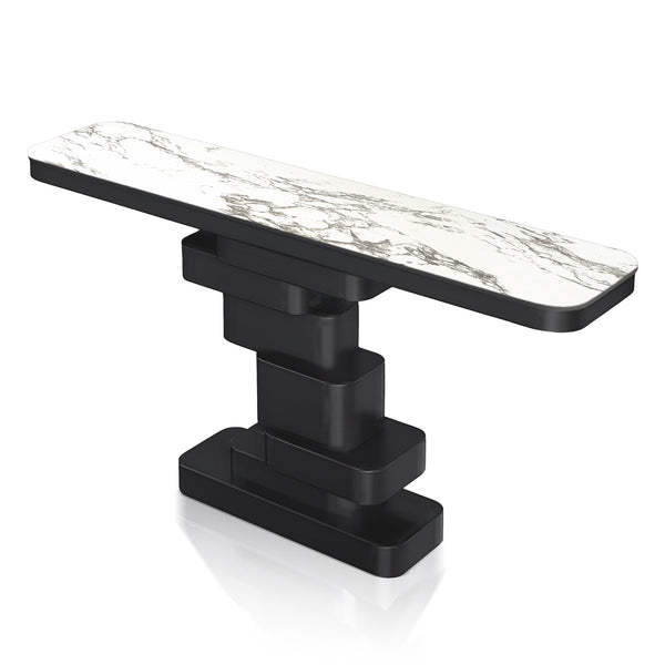 Modern 55" Console Table, High Quality White Manufactured Marble Top,  Matte Black Metal Steel Frame