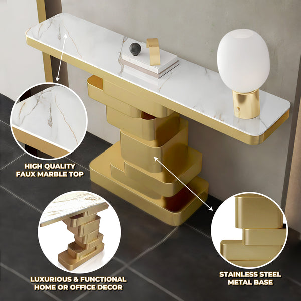 Modern 55" Golden Console Table, High Quality White Faux Marble Top Metal Stainless Steel