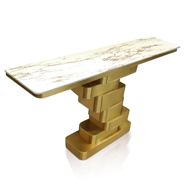 Modern 55" Golden Console Table, High Quality White Faux Marble Top Metal Stainless Steel