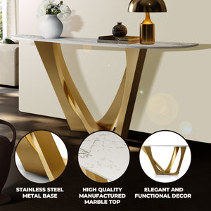 Modern 51" Golden Console Table, Premium White Marble Top Stainless Steel Metal Frame by Sona Casa