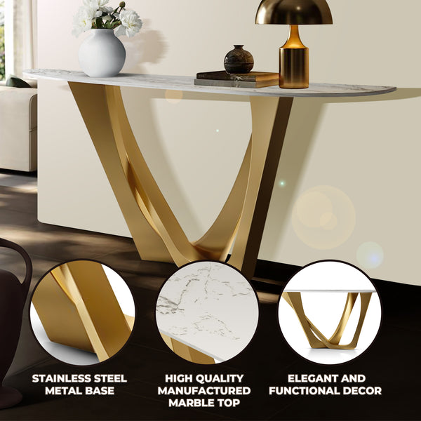 Modern 51" Golden Console Table, Premium White Faux Marble Top Stainless Steel Metal Frame