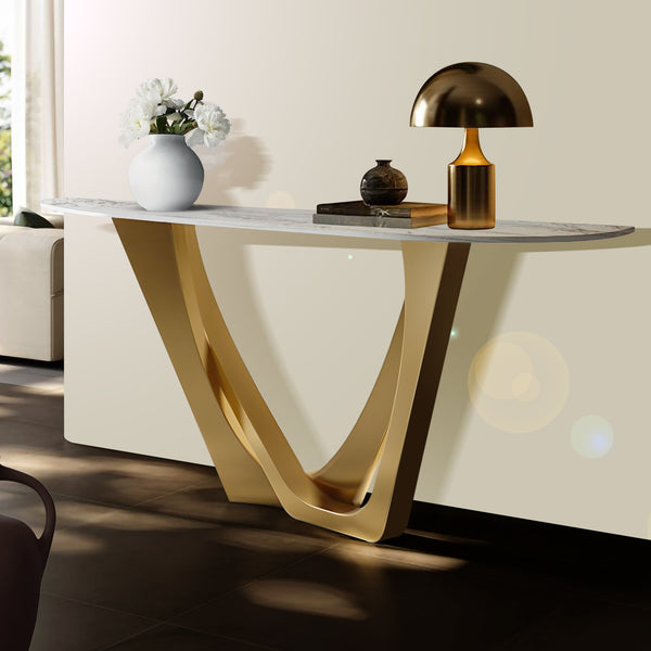 Modern 51" Golden Console Table, Premium White Faux Marble Top Stainless Steel Metal Frame