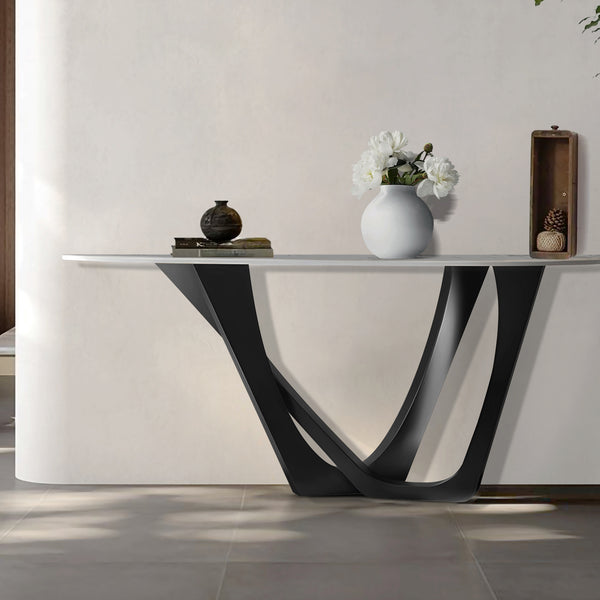 Modern 51" Console Table, High Quality White Faux Marble Top, Stainless Steel Metal Matte Black