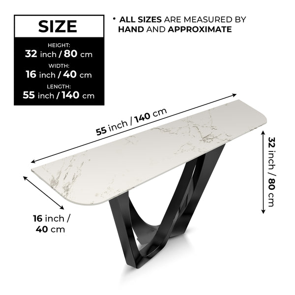 Modern 51" Console Table, High Quality White Faux Marble Top, Stainless Steel Metal Matte Black