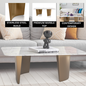 Modern 47" Rectangular Coffee Table, White Marble Surface, Metal Gold Frame, Home Decor by Sona Casa