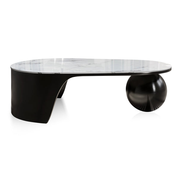 Designer 47" Coffee Table, Ball Base Design, White Artificial Marble Surface, Metal Matte Black Frame, Home Decor