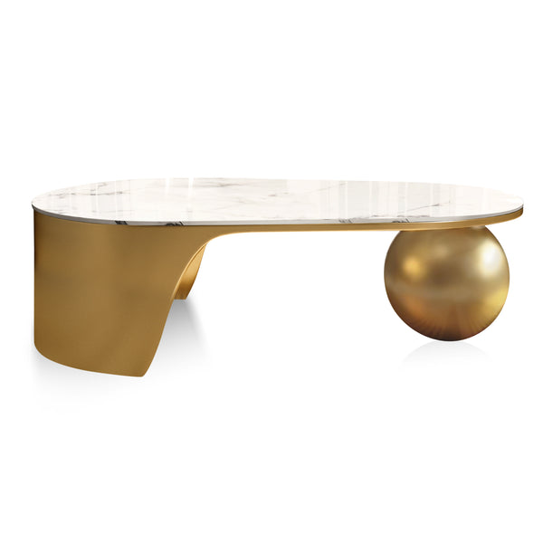 Designer 47" Golden Coffee Table, Ball Design Base, White Faux Marble Top, Metal Frame, Home Decor