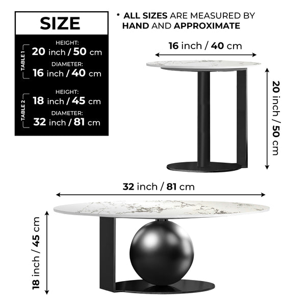 Modern Coffee Table Set of 2, 32" and 16" Marble Surface, Metal Ball Base, Matte Black Finish, Home Decor