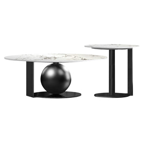 Modern Coffee Table Set of 2, 32" and 16" Marble Surface, Metal Ball Base, Matte Black Finish, Home Decor by Sona Casa