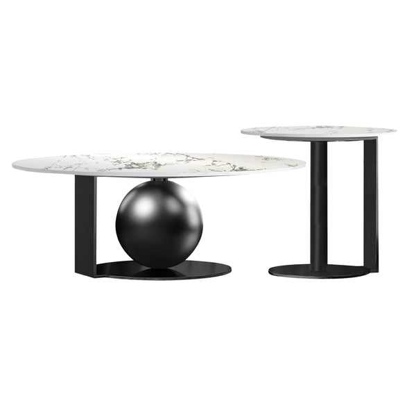 Modern Coffee Table Set of 2, 32" and 16" Marble Surface, Metal Ball Base, Matte Black Finish, Home Decor