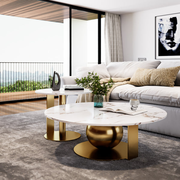 Modern Golden Coffee Table Set 32" and 16", White Faux Marble Top, Metal Ball Base, Home Decor