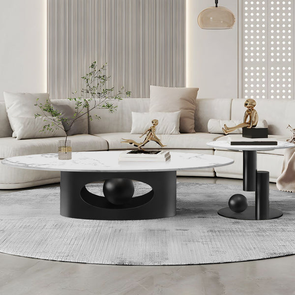 Modern Designer Oval Coffee Table Set 47" and 20", Faux Marble Top, Metal Ball Base, Matte Black Frame, Home Decor