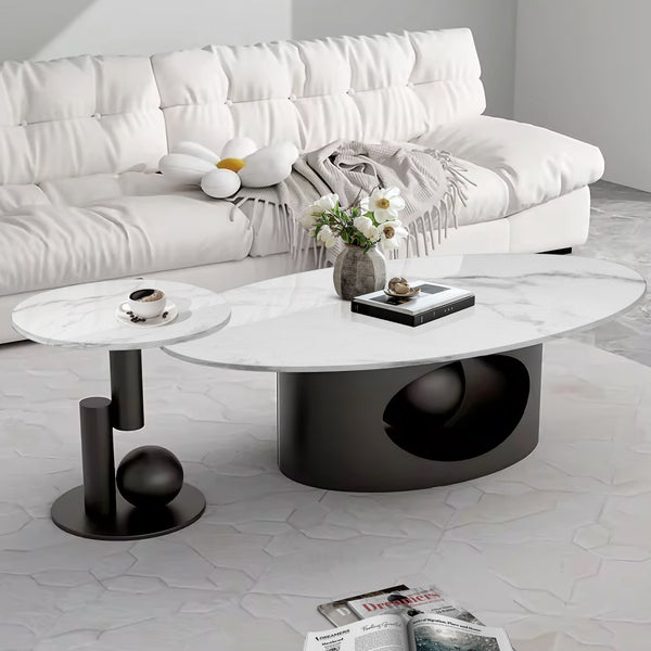 Modern Designer Oval Coffee Table Set 47" and 20", Faux Marble Top, Metal Ball Base, Matte Black Frame, Home Decor