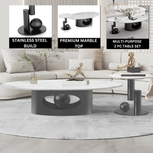 Modern Designer Oval Coffee Table Set 47" and 20", Marble Top, Metal Ball Base, Matte Black Frame, Home Decor by Sona Casa