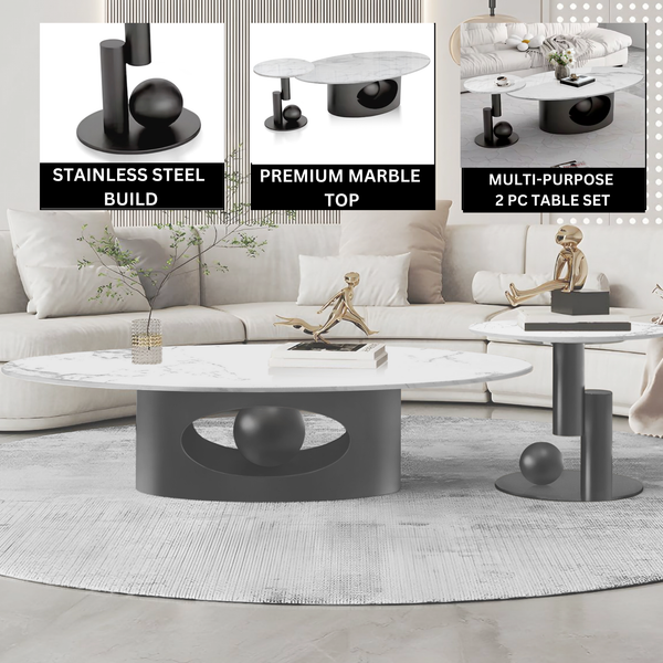 Modern Designer Oval Coffee Table Set 47" and 20", Marble Top, Metal Ball Base, Matte Black Frame, Home Decor by Sona Casa