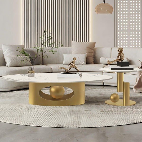 Modern Golden Oval Coffee Table Set 47" and 20", White Faux Marble Surface, Metal Ball Base Design Home Decor