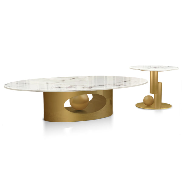 Modern Golden Oval Coffee Table Set 47" and 20", White Faux Marble Surface, Metal Ball Base Design Home Decor