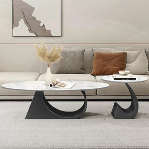 Modern Designer Oval Coffee Table Set 47" and 20" White Marble Top, Metal Matte Black Frame by Sona Casa