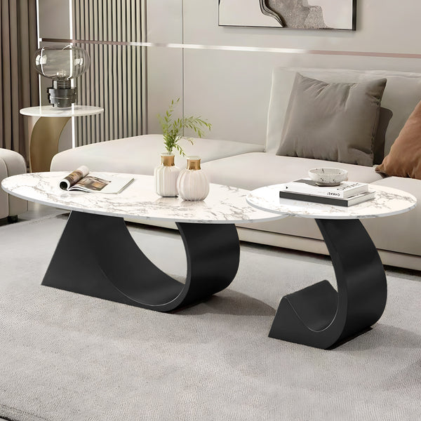 Modern Designer Oval Coffee Table Set 47" and 20" White Faux Marble Top, Metal Matte Black Frame