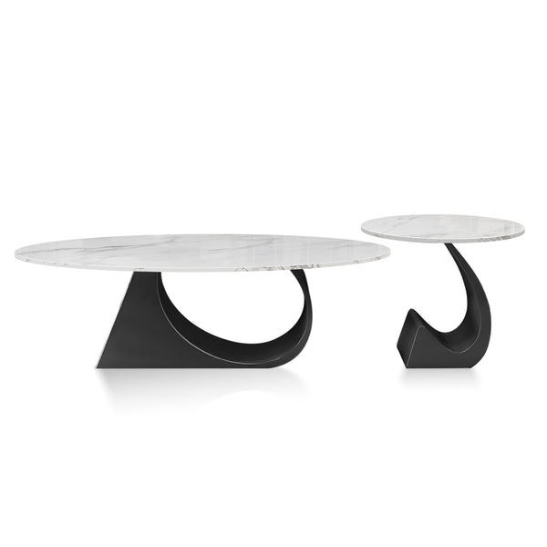 Modern Designer Oval Coffee Table Set 47" and 20" White Faux Marble Top, Metal Matte Black Frame