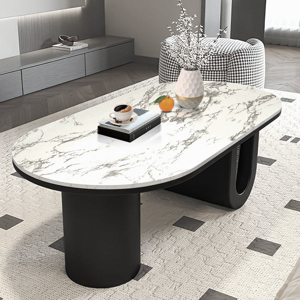 Designer Coffee Table 47" White Faux Marble Top, Metal Blocks Matte Black Base