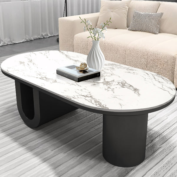 Designer Coffee Table 47" White Faux Marble Top, Metal Blocks Matte Black Base