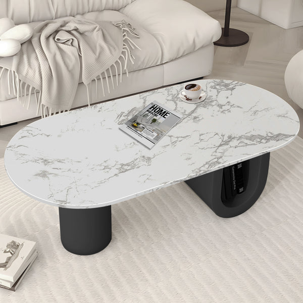 Designer Coffee Table 47" White Faux Marble Top, Metal Blocks Matte Black Base