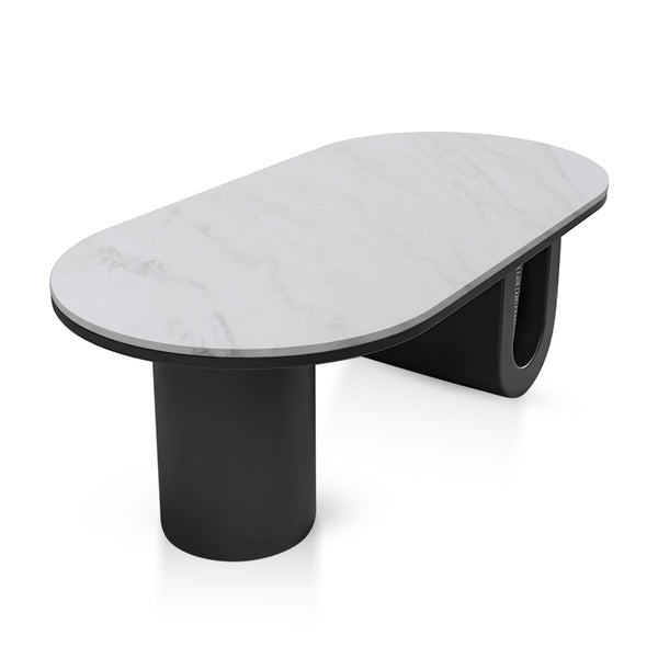 Designer Coffee Table 47" White Faux Marble Top, Metal Blocks Matte Black Base