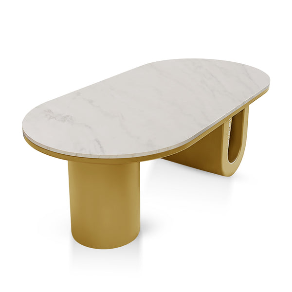 Designer Coffee Table 47" White Faux Marble Top, Metal Blocks Gold Frame Home Decor Centerpiece