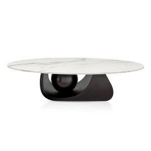 Designer Oval Coffee Table 47" White Marble Surface, Metal Ball Matte Black Base, Centerpiece by Sona Casa