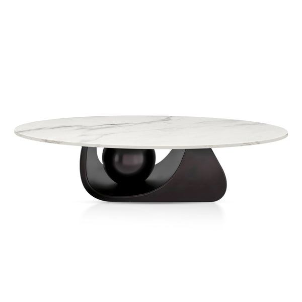 Designer Oval Coffee Table 47" White Faux Marble Surface, Metal Ball Matte Black Base, Centerpiece