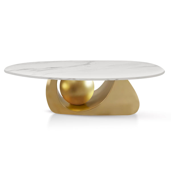 Designer Oval Coffee Table 47" White Faux Marble Top, Golden Metal Ball Base, Centerpiece