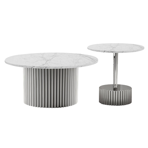 Modern Round Coffee Table Set 35" and 20" Faux White Marble Top, Metal Silver Frame, Centerpiece