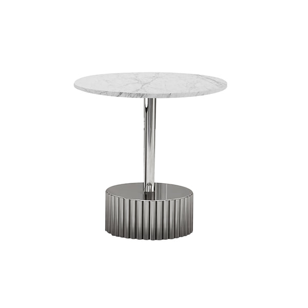 Modern Round Coffee Table Set 35" and 20" Faux White Marble Top, Metal Silver Frame, Centerpiece