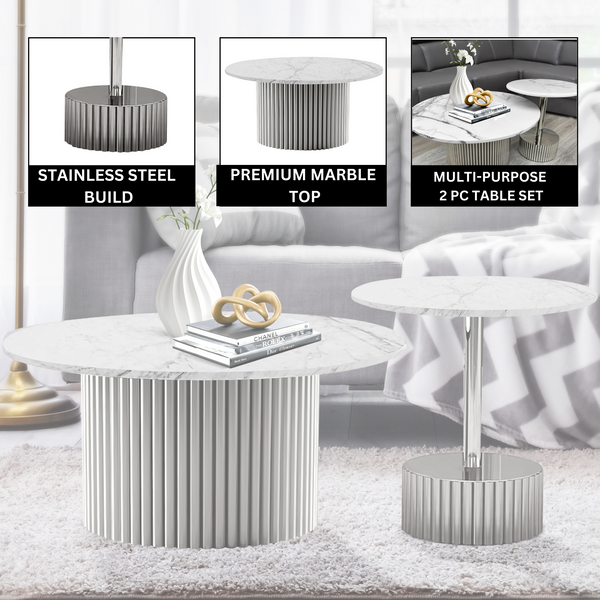 Modern Round Coffee Table Set 35" and 20" Faux White Marble Top, Metal Silver Frame, Centerpiece