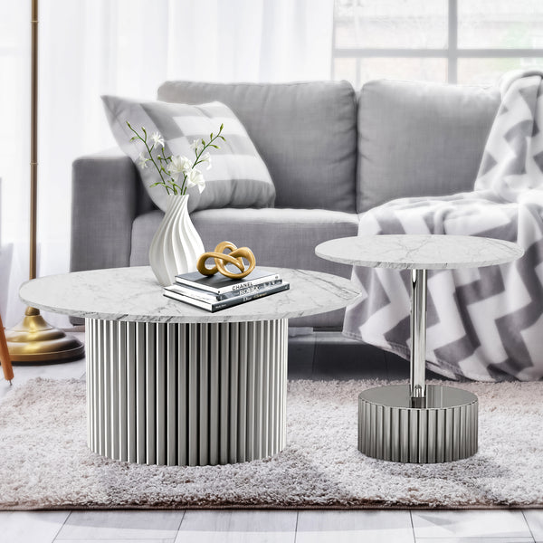 Modern Round Coffee Table Set 35" and 20" Faux White Marble Top, Metal Silver Frame, Centerpiece