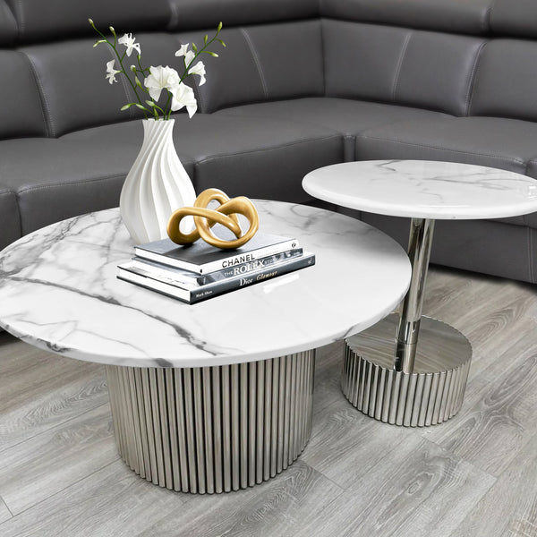 Modern Round Coffee Table Set 35" and 20" Faux White Marble Top, Metal Silver Frame, Centerpiece