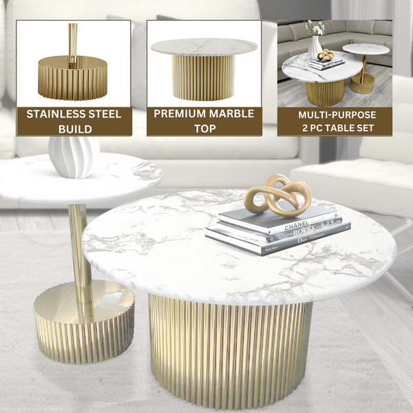 Modern Round Coffee Table Set 35" and 20" Centerpiece, Manufactured Marble Surface, Metal Gold Frame